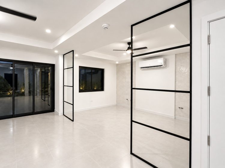 Black-framed glass room divider partitioning a modern living space