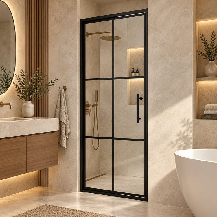Black-framed shower enclosure in a warm stone bathroom