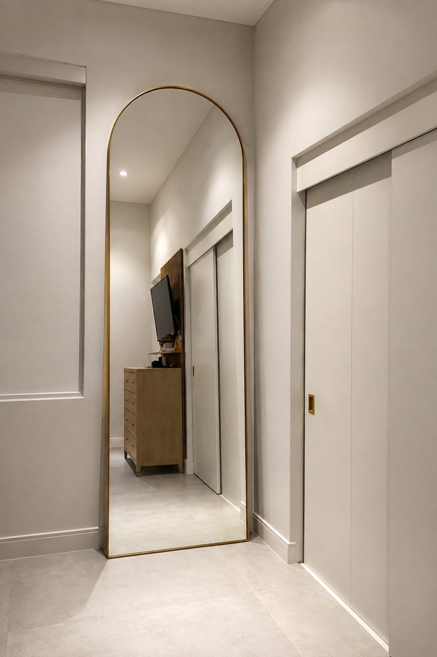 Full-length Buckingham Arch mirror in a warm minimalist hallway